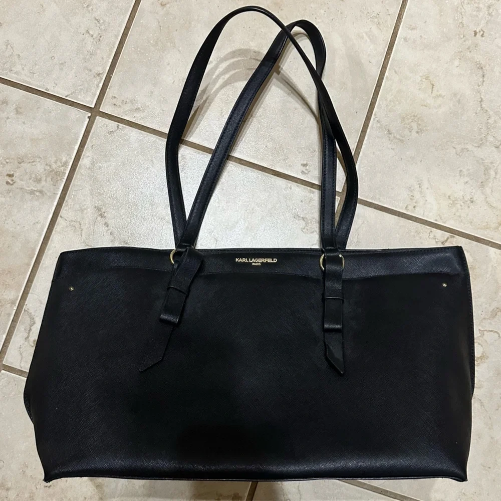 Karl Lagerfeld Paris Black Leather Tote Bag Saffiano Gold Hardware Large Handbag
